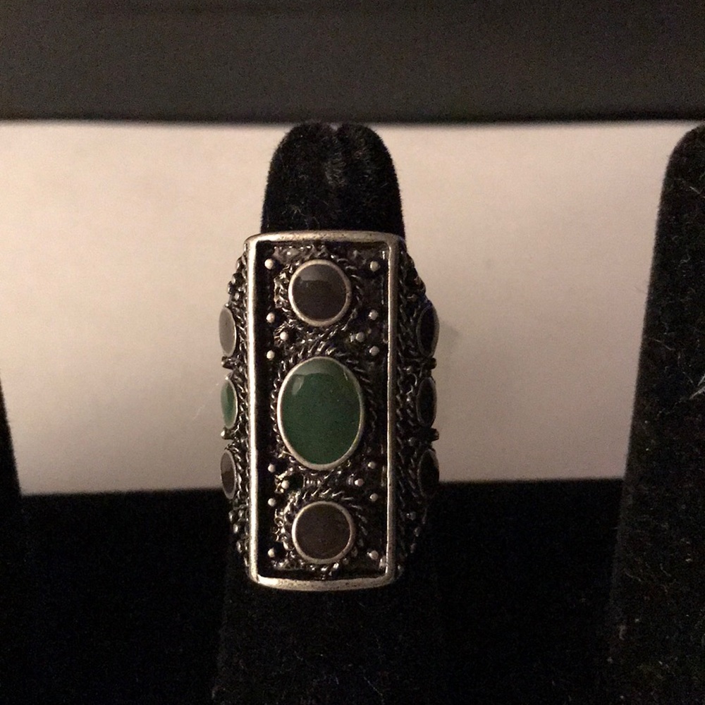 Silver ring with black & green enamel